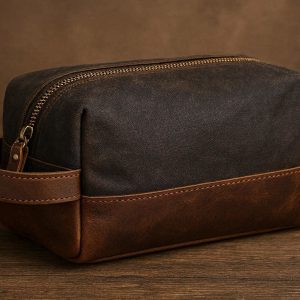 Mens Leather Dopp Kit Vintage Toiletry Bag Waterproof Shaving Travel Organizer Canvas Cosmetic Case For Grooming Hygiene Accessories